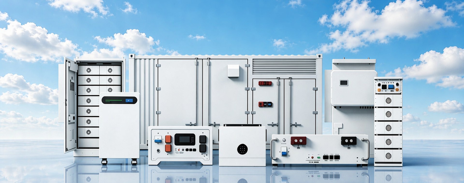 Energy storage cabinets, containerized BESS and home battery towers lined up on a dark reflective floor