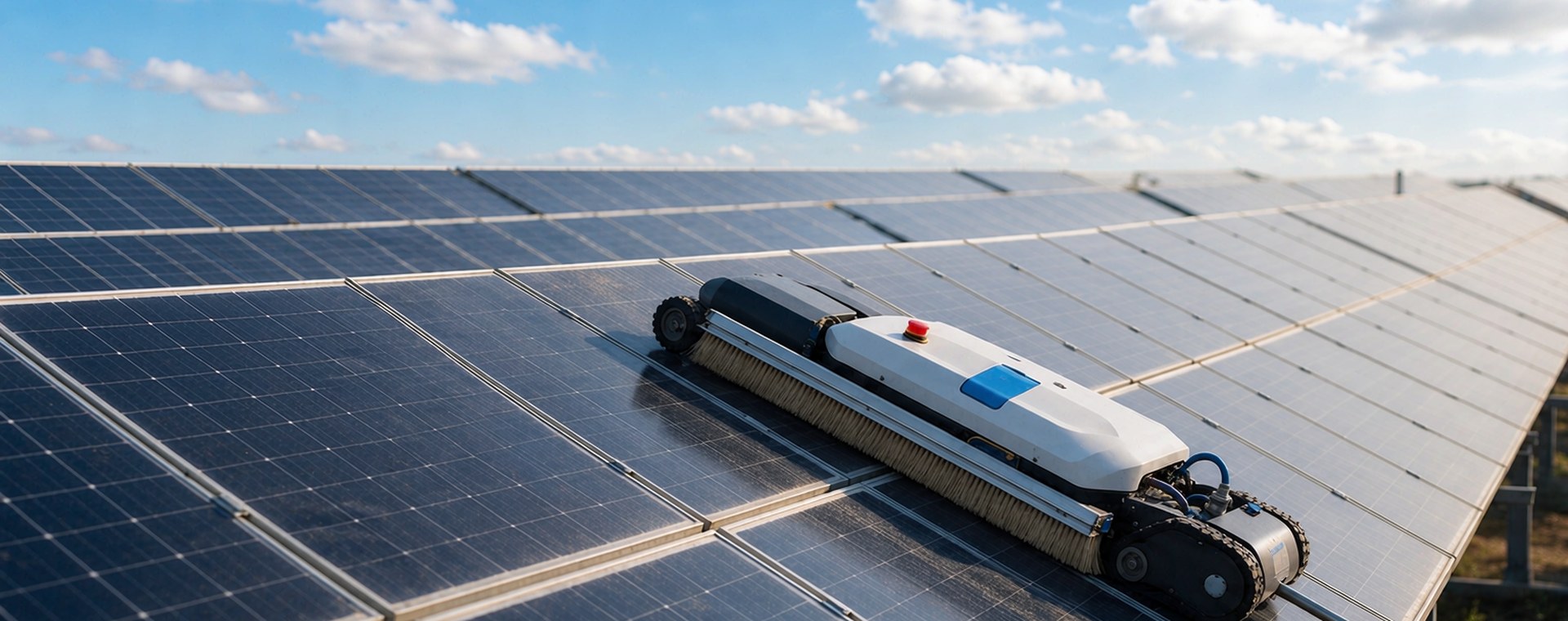 An automated cleaning robot moving along a row of solar panels at a utility-scale solar plant