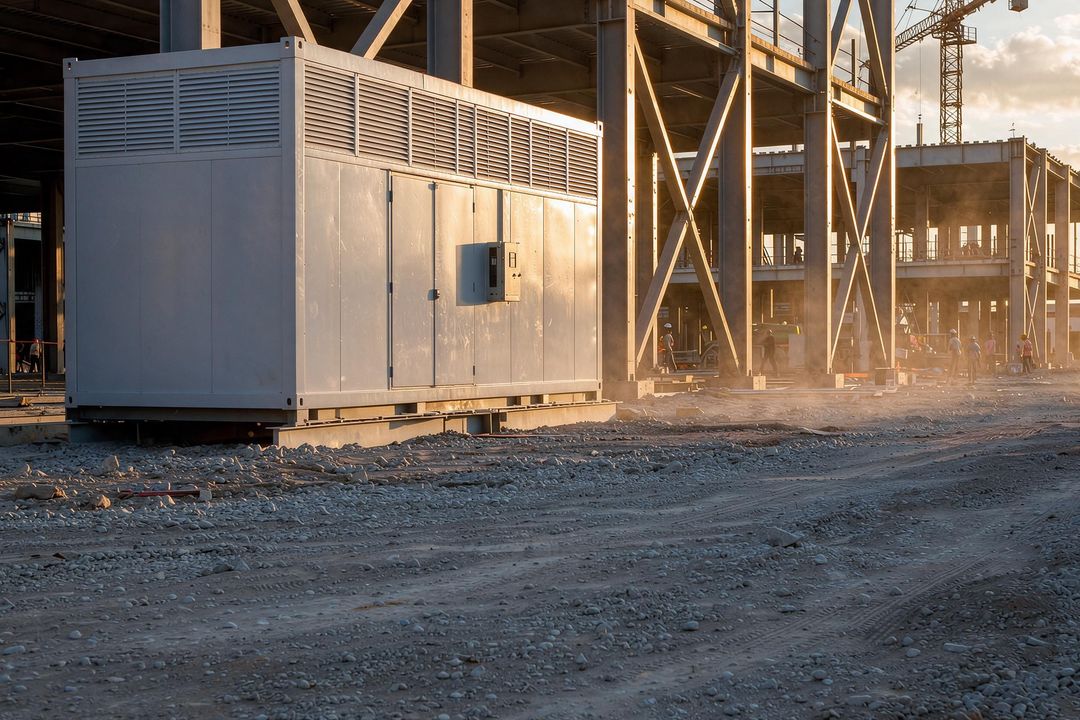 Rendered visual simulation of a containerised battery energy storage unit on a construction site at dusk, with a steel frame under erection and tower cranes behind