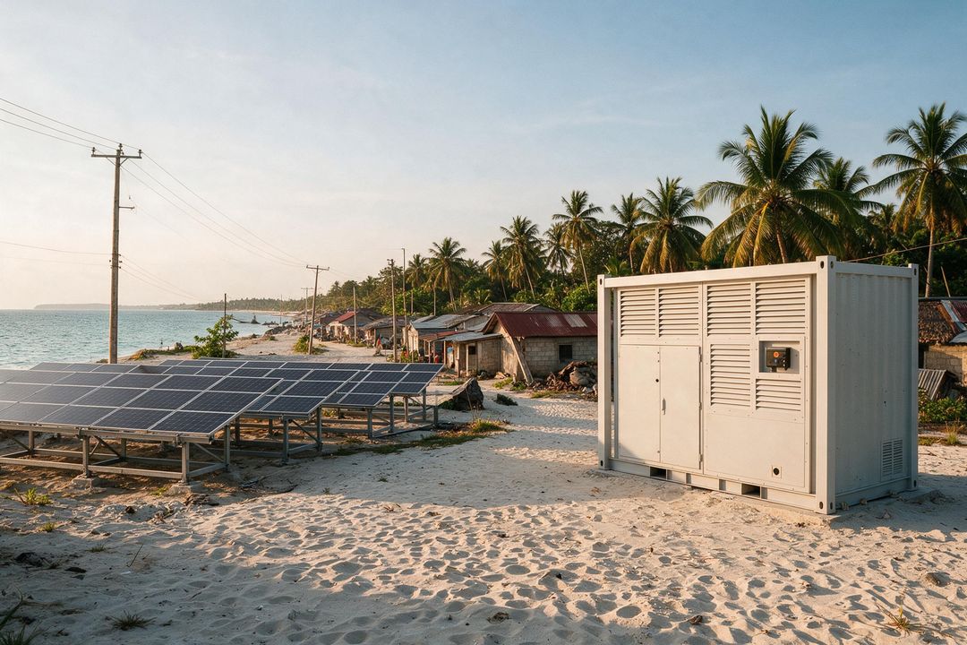 Rendered visual simulation of a containerised battery storage unit and ground-mounted solar array in an island village at golden hour
