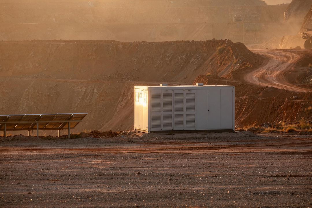 Rendered visual simulation of a containerised battery storage unit and solar array on a gravel pad at an open-pit mine