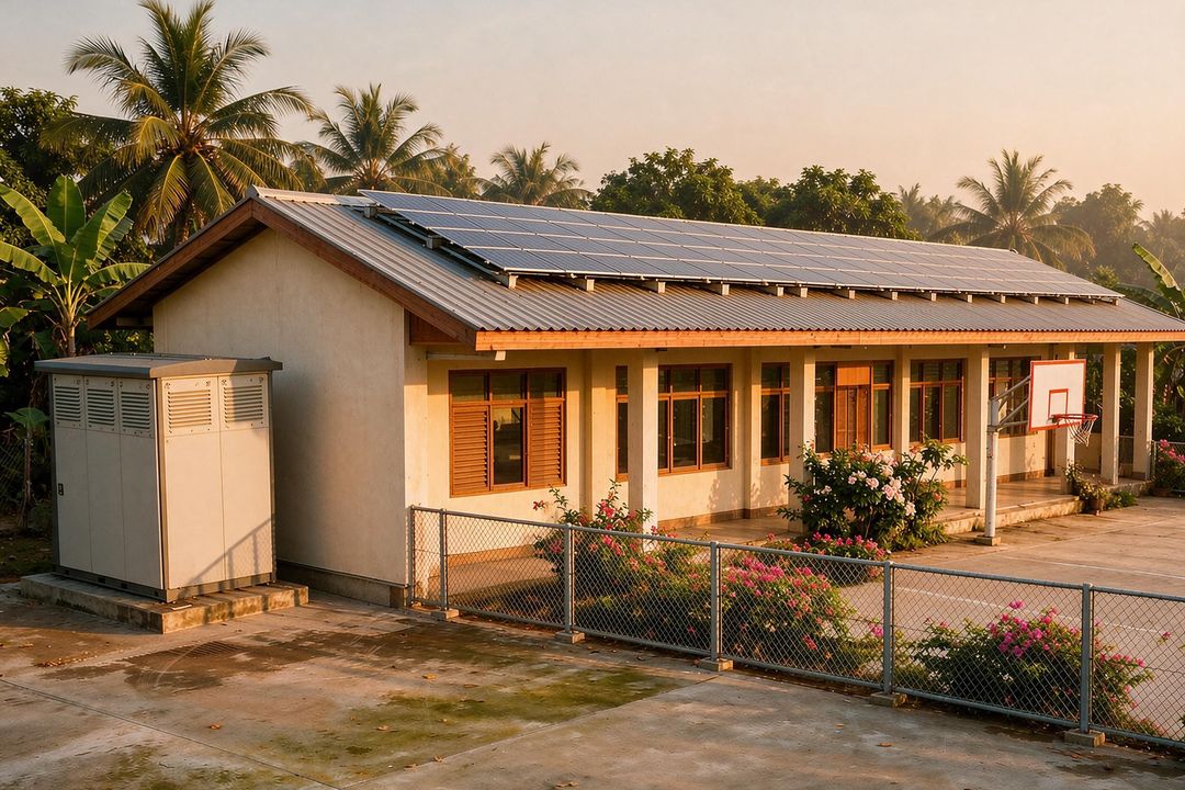 Rendered visual simulation of a tropical rural school with a rooftop solar array and a battery storage cabinet beside the building