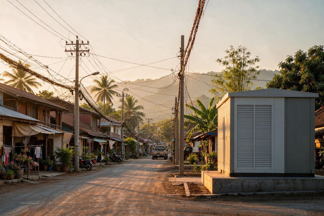 Rendered visual simulation of a Southeast Asian village street with rooftop solar, overhead lines and a roadside battery storage cabinet